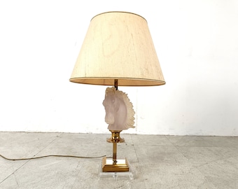 Messing en glas paardenkop tafellamp, jaren 70 Frankrijk - Maison Jansen stijl tafellamp - koperen tafellamp - Hollywood Regency tafellamp