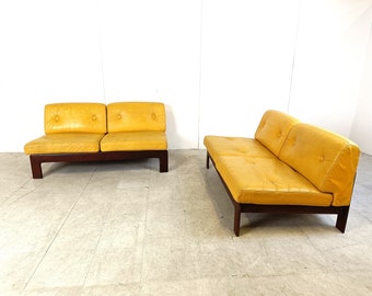 Yellow leather Durlet sofa, 1960s - vintage leather sofa - mid century leather sofa - swiss sofa set