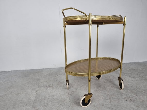 Hollywood Regency faux bamboo brass bar cart trolley with 3