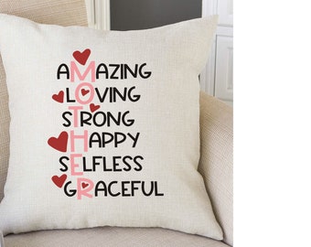 Mother linen cushion, amazing, loving, strong, happy, selfless, graceful cushion