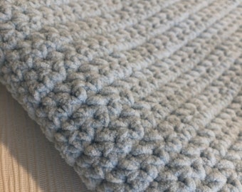 Light blue chenille baby blanket, hand crocheted, pram blanket, bernat baby blanket