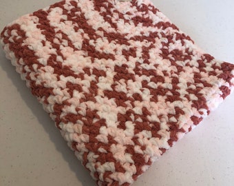 Red pink and white chenille baby blanket, hand crocheted, pram blanket, bernat baby blanket