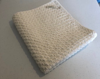 Cream chenille baby blanket, hand crocheted, pram blanket, bernat baby blanket