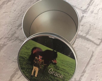 Round photo storage tin, personalised tin