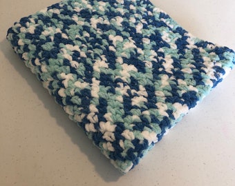 Blue green and white chenille baby blanket, hand crocheted, pram blanket, bernat baby blanket