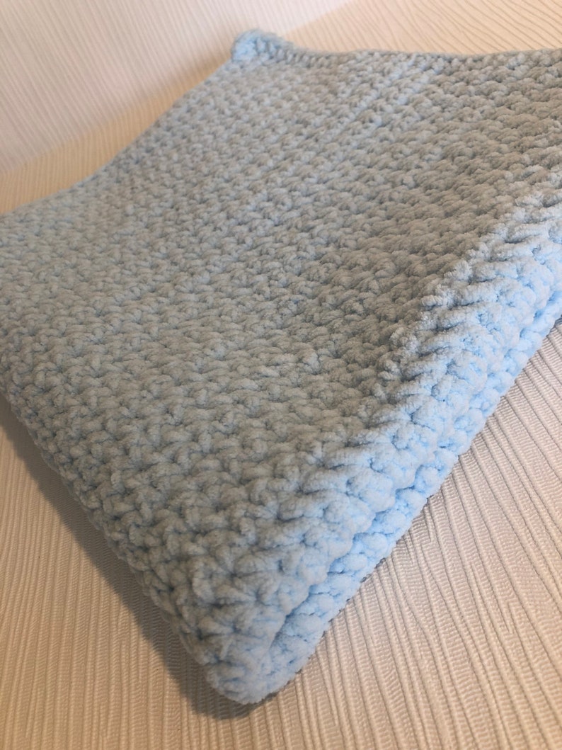 Light blue chenille baby blanket, hand crocheted, pram blanket, bernat baby blanket image 3