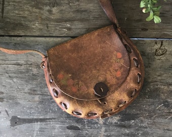 Vintage 1970s Leather Purse with Flowers