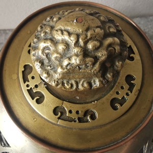 Vintage or Antique Asian Pierced Tin Characters Brass Creature Lid Bowl Censer