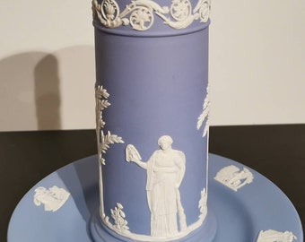 Vintage WEDGWOOD Jasperware Vase and Plate Pale Blue White