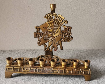 Vintage Brass King David Playing Harp Menorah Judaica