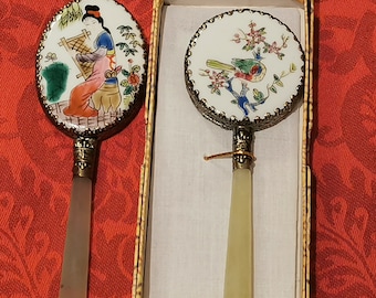 Vintage Chinese Hand Mirrors Jade Handle Painted Porcelain - Etsy