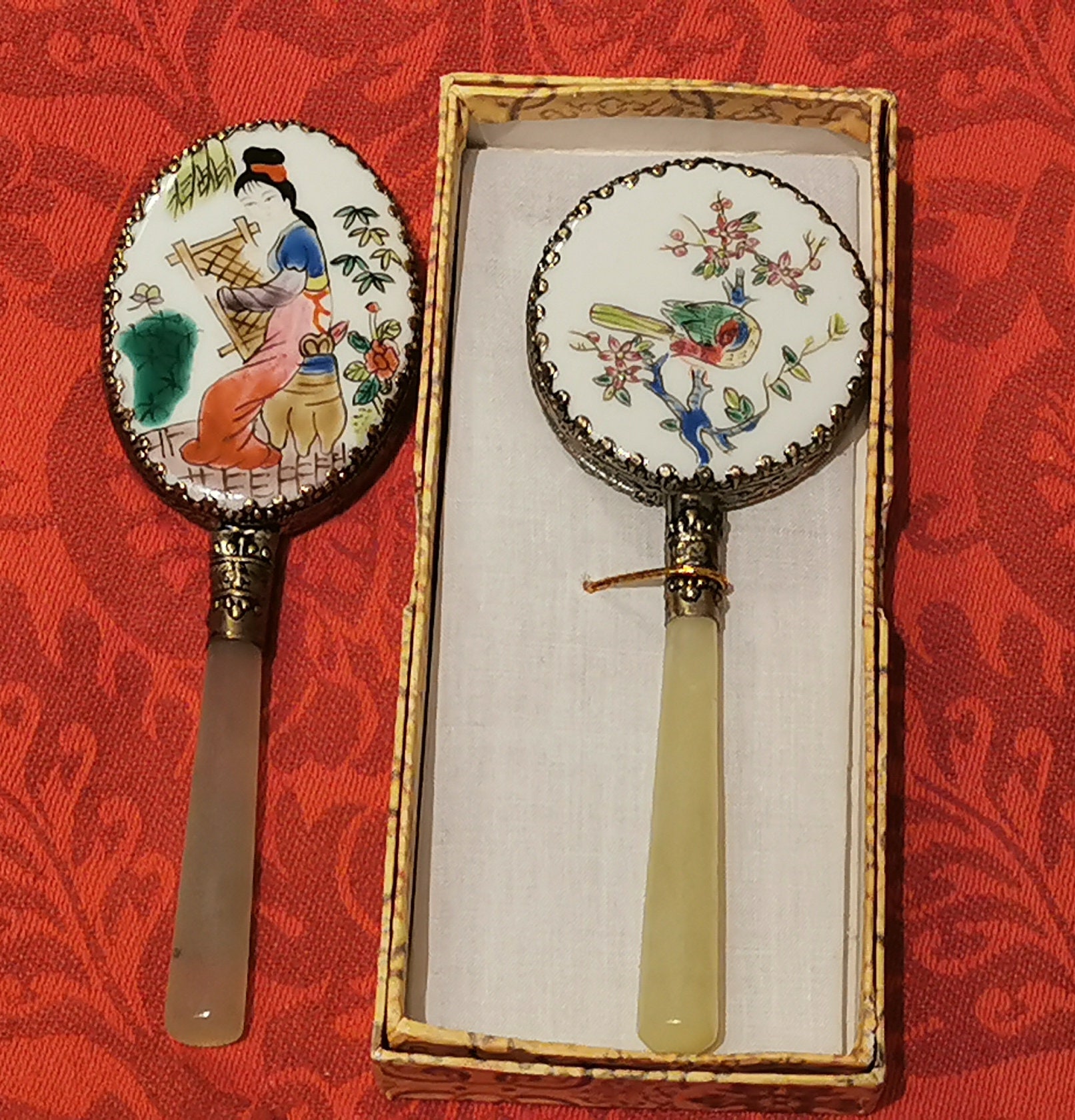 Vintage Chinese Hand Mirrors Jade Handle Painted Porcelain