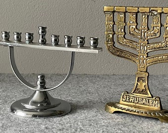 RESERVED Two vintage brass and Steel Menorahs  Star of David Israel