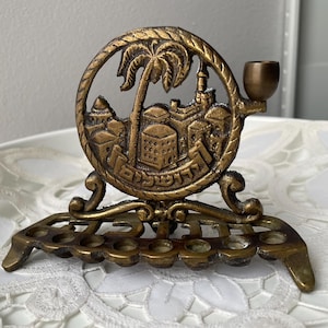 Vintage Mid-century Mini Menorah Israel Jerusalem Brass