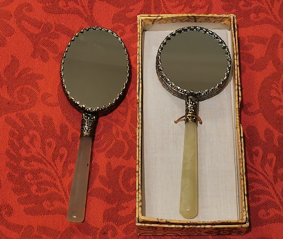 Vintage Chinese Hand Mirrors Jade Handle Painted Porcelain - Etsy