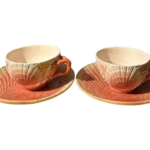 Rare coral Sarreguemines style shell teacups + plates 1880 French majolica Faience Antique vintage from 1880