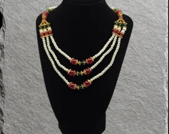 Multi-Strand Faux Pearl Statement Necklace | Ruby Emerald Mughal Revival Jewelry