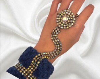 Vintage Aurora Borealis Hand Harness Bracelet Ring, Mid-Century Rhinestone Statement Piece