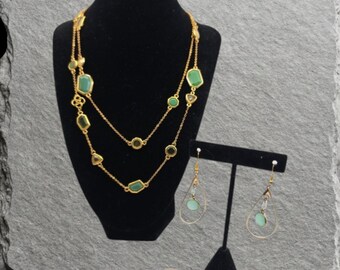 Signed Premier Designs Green Station Necklace & Artisan Teardrop Earrings Set – Boho Layering Jewelry – ShineAgainStudio