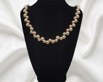 Vintage-Inspired Zigzag Pearl Statement Necklace With Grey Satin Ribbons