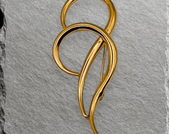 Vintage Gold Tone Modernist Ribbon Brooch Abstract Swirl Statement Pin