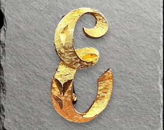 Vintage Signed Mamselle Initial E Letter Brooch Gold Tone Textured Pin