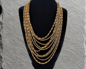 Vintage Fisher Signed Gold-Tone Multi-Strand Necklace, 1970s Layered Cascade Chain Costume Jewelry, 19"
