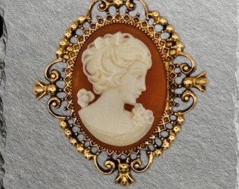 Vintage 1970s Avon Cameo Solid Perfume Locket Brooch | Victorian Revival Gold-Tone Filigree Pin Pendant