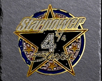 Title: Vintage Star Power 4 3/4 Stars Enamel Lapel Pin – Glitter & Rhinestone Achievement Memorabilia