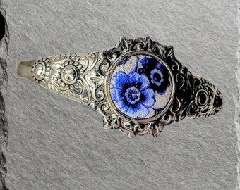 Artisan Cuff Bracelet | Victorian Revival Silver Scrollwork, Blue Floral Porcelain Focal