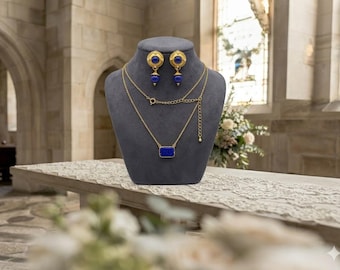 Vintage Lapis Lazuli Necklace and Earring Set – Textured Goldtone Cobalt Pendant