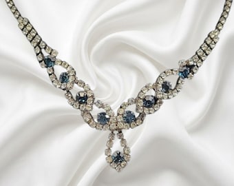 Vintage Blue & Clear Rhinestone Festoon Statement Necklace Crystal Choker