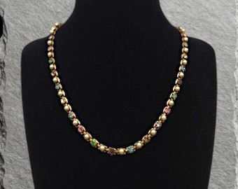 Vintage Mid-Century Harlequin Rhinestone & Faux Pearl Necklace | Gold-Tone Multicolored Crystal Statement Piece