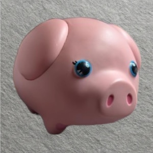 May include: A light pink piggy bank shaped like a stylized pig with large, round, bright blue eyes and black eyelashes. The pig has a smooth, rounded body, prominent ears, and a snout with two small, dark pink nostrils on the front surface.