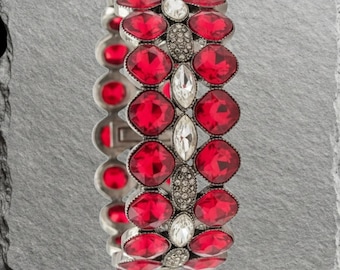 Vintage Red Rhinestone Statement Cuff Bracelet Bold Crystal Cocktail Jewelry