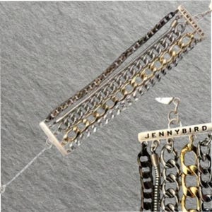 May include: A multi-strand bracelet featuring a mix of silver, gold, and dark metal chains connected by a rectangular metal bar engraved with the text JENNY BIRD. The design includes various chain styles, including curb and snake chains, in a layered look.