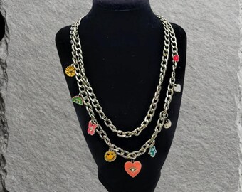 Authentic Marc Jacobs Double Charm Necklace Chunky Silver Curb Chain Y2K Jewelry