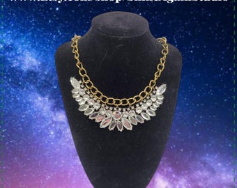 Vintage Crystal Medallion Bib Necklace, Gold Floral Statement Collar, Rhinestone Jewelry