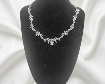 Vintage Style Silver Tone Floral Rhinestone Festoon Prom Necklace