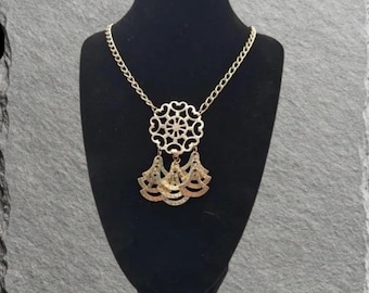 Signed Chico’s Gold Waterfall Necklace | Dramatic Tiered Filigree Fan Statement | Shine Again Studio Boutique