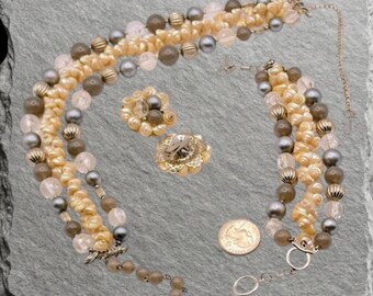 Vintage Coastal Shell Pearl Suite Multi Strand Necklace Bracelet Earrings Set with Adjusters