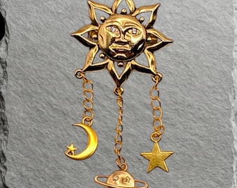 Handmade Celestial Sun Moon Planet Brooch Whimsigoth Statement Pin