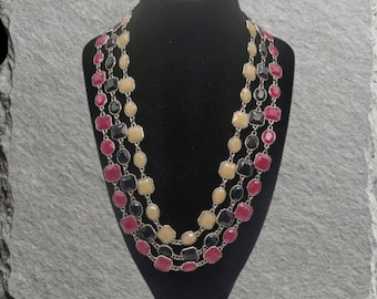 Ann Taylor Triple-Strand Bib Necklace - Faceted Raspberry, Onyx & Cream Statement Piece - Polished Silver Tone