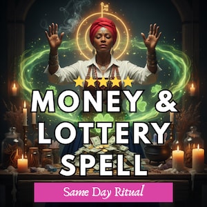 Pode incluir: Imagem de uma pessoa com camisa branca e lenço vermelho na cabeça, com os braços levantados. O texto "MONEY & LOTTERY SPELL" é exibido em destaque. A imagem inclui velas, um caldeirão e uma pilha de dinheiro, com o texto "Same Day Ritual" na parte inferior.
