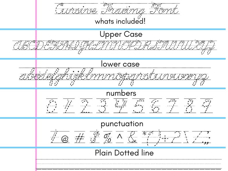 Cursive Dotted Cursive Tracing Dashed Font With Arrows. Student Handwriting Practice ...
