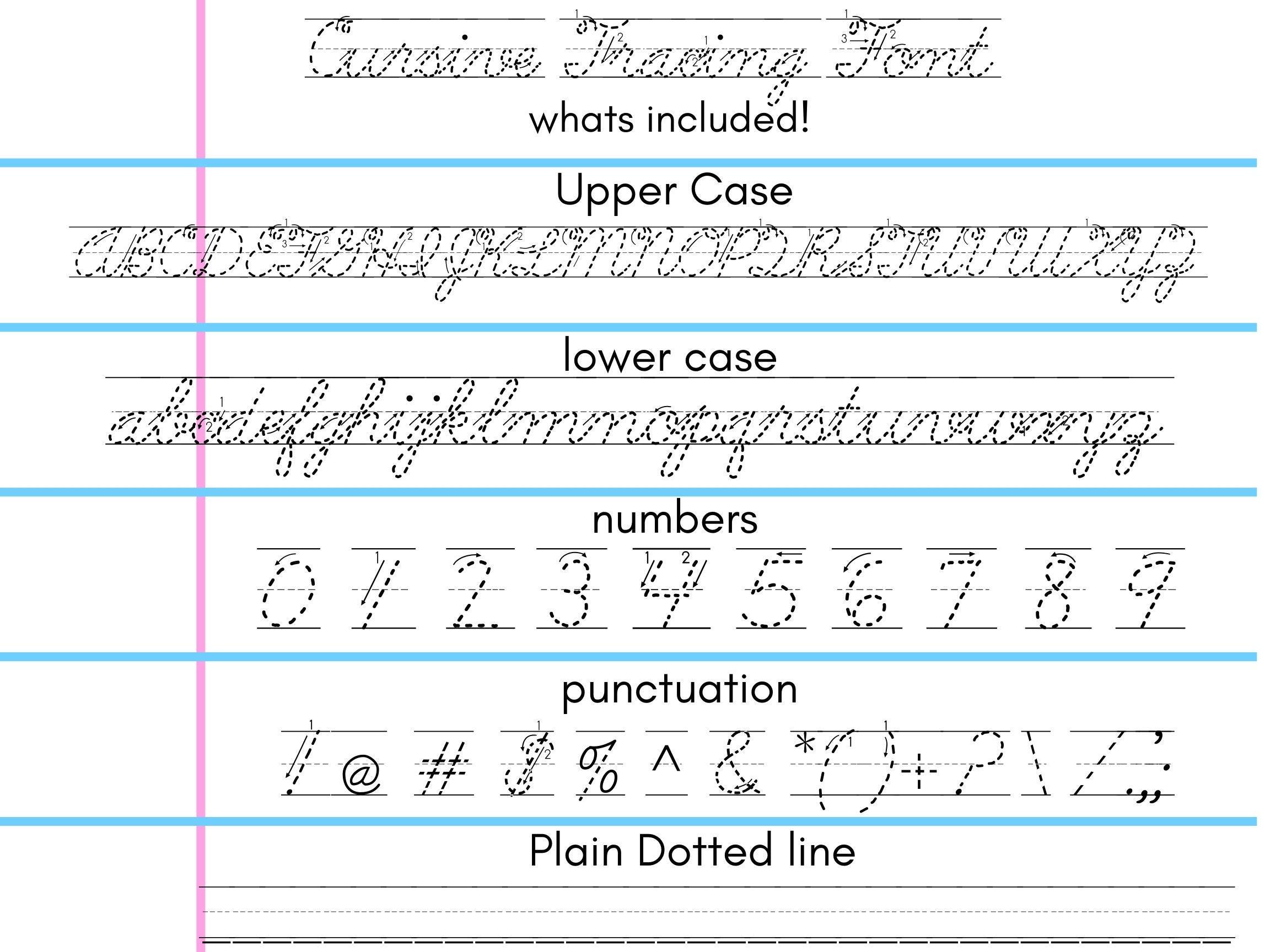 Cursive Tracing Dashed Font With Arrows. Student Handwriting Practice ...