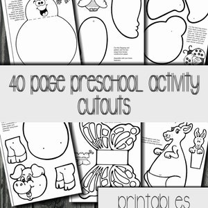 May include: Black and white printable cutouts of animals and insects for preschoolers. The images include a spider, owl, ladybug, butterfly, pig, kangaroo, and a bunny. The text "40 page preschool activity cutouts" and "printables" is included in the image.