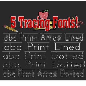 Könnte beinhalten: Tafel mit dem Text "5 Tracing Fonts!" in Rot. Fünf Reihen der Buchstaben "abc" werden mit verschiedenen Nachverfolgungsarten angezeigt: "Print Arrow Lined", "Print Lined", "Print Dotted", "Print Dotted" und "Print Arrow Dotted".