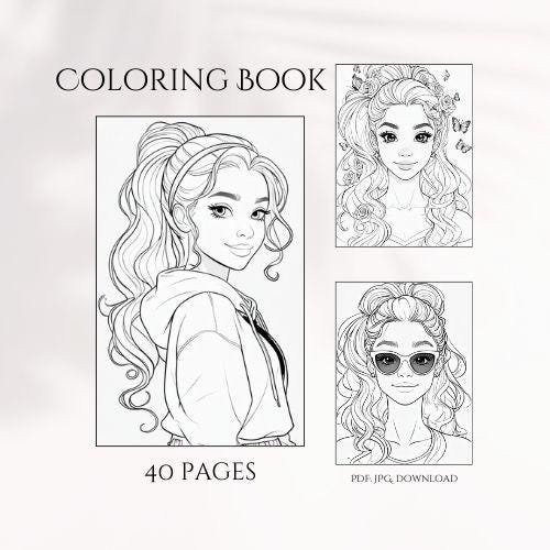 40 Pages Beautiful Girls coloring pages Printable PDF JPG Digital Download. Kids- Adult coloring book