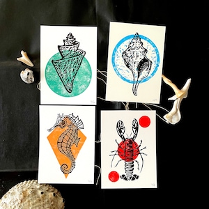 Salt & Sea: Set di 4 stampe/biglietti d'auguri originali assortiti fatti a mano linocut 5"x7"